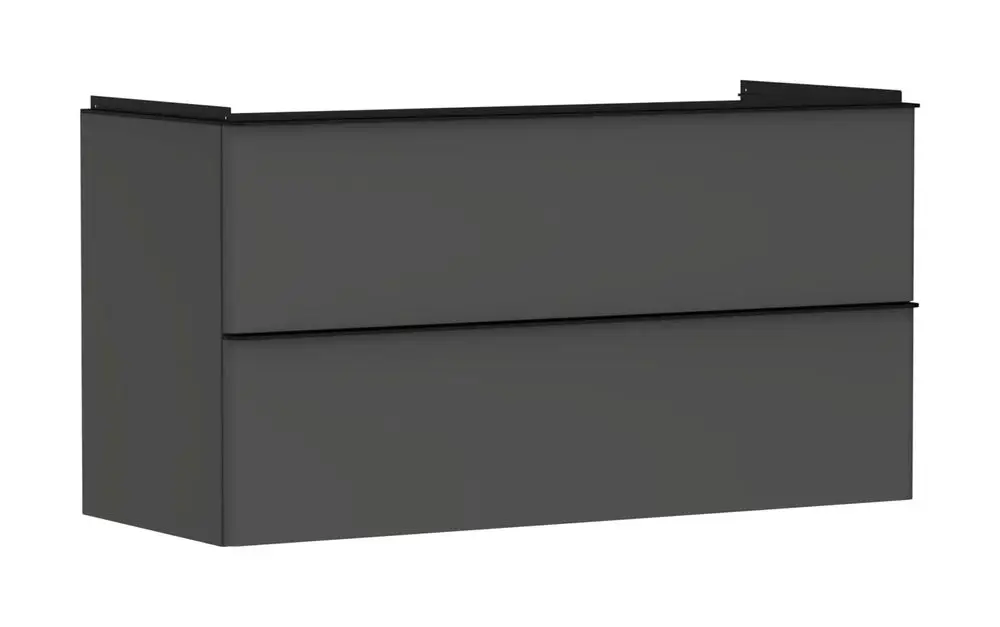 Waschtischunterschrank in diamantgrau matt mit zwei Schubkästen von Hansgrohe, geeignet für einen Waschtisch. Vorderansicht des Möbelstücks gezeigt.